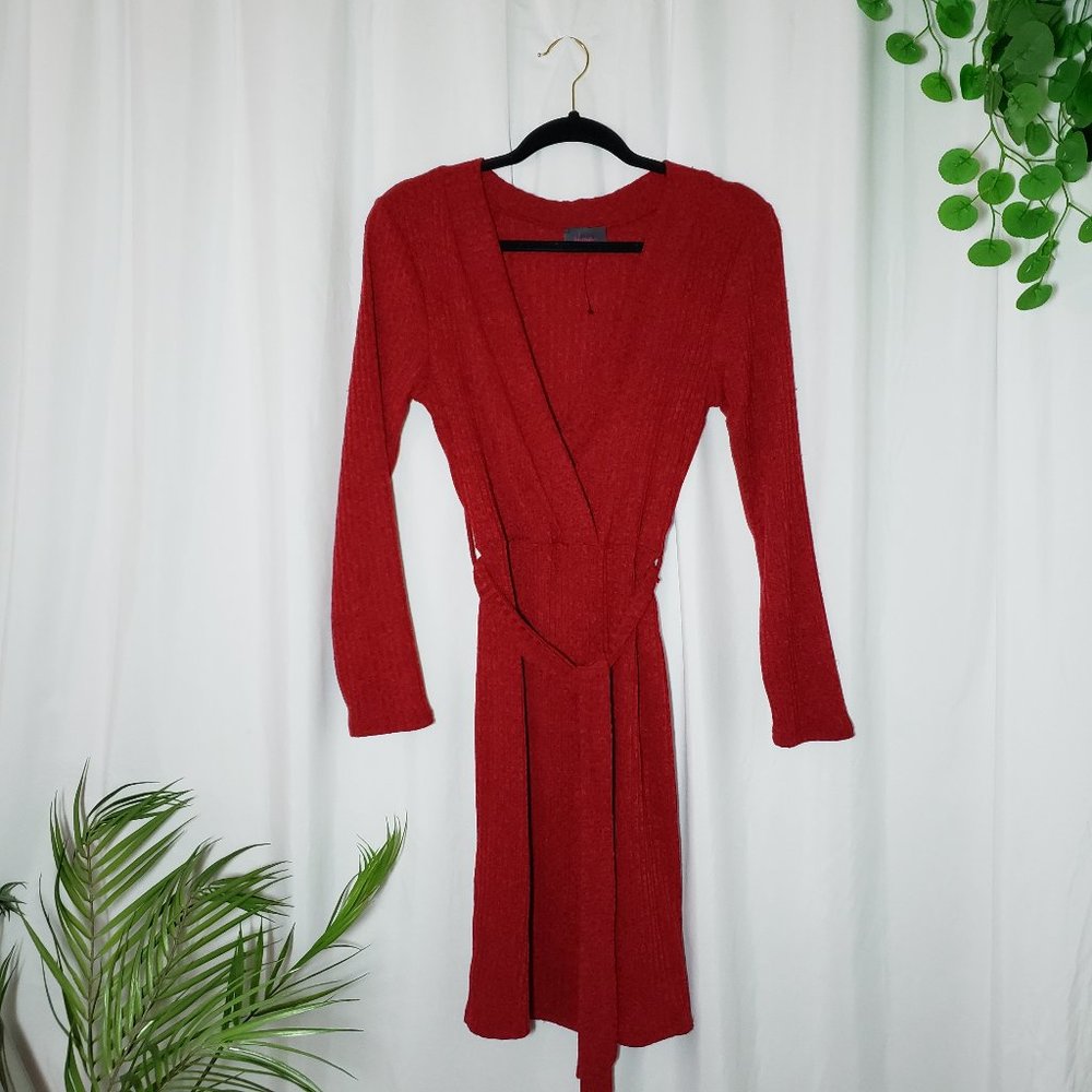 Red Knit V Neckline Long Sleeve Midi Dress w/ Belt
